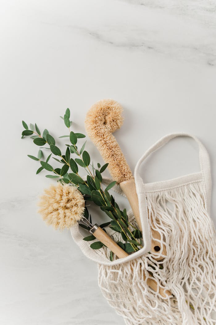 services-04 Eco-friendly cleaning tools and eucalyptus leaves in a minimalist setting for sustainable living.